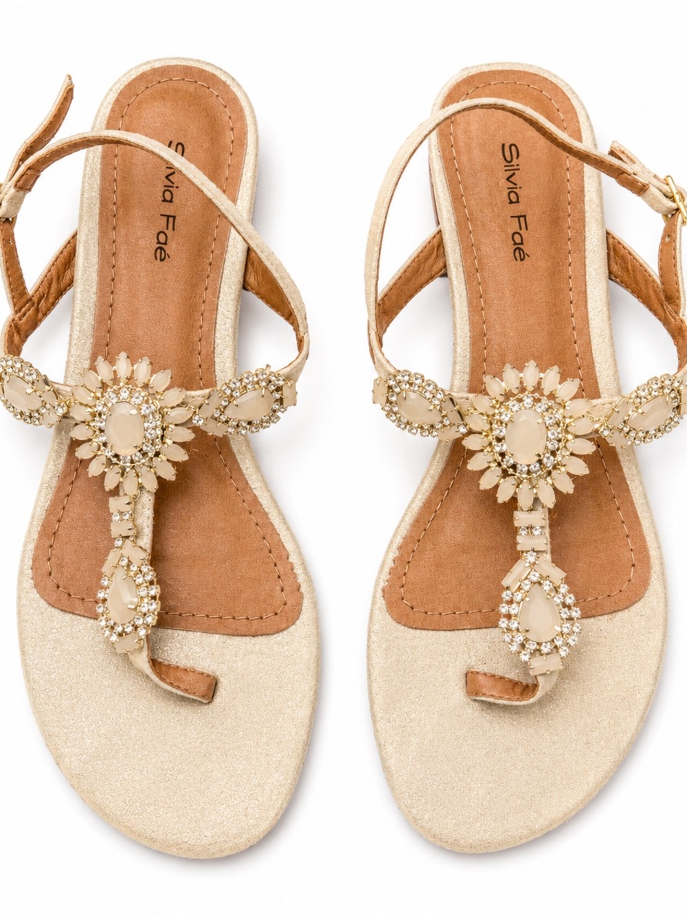 Silvia Faé Ivory Rhinestone Embellished T-Strap Sandals Size 10